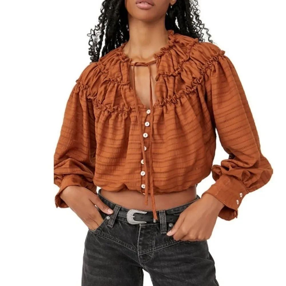 Free People Hailey Cropped Blouse Top Size M